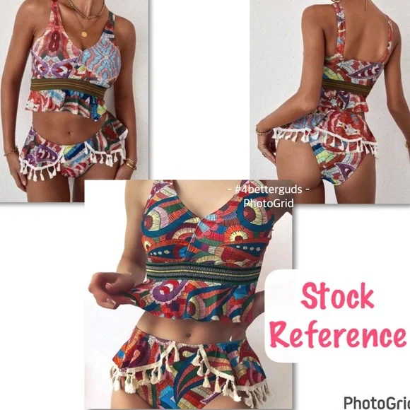 New Tankini Ruffle Colorful Abstract Graphic Boho Print Tassel Swimsuit Medium - Picture 13 of 16